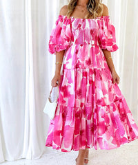 Summer New Elegant Printed Dresses Women Sexy Backless Slash Neck Elastic Dress Female High Waist Short Puff Sleeve Maxi Dress