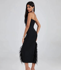 Luxury Black Feathers Strapless Bandage Dress Eveing Midi Backless Split Sexy Dress Bodycon Celebrity Party Vestidos