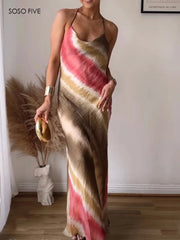 Women Tie Dye Vintage Camisole Long Dress New Summer Beaded Backless Sexy Beach Midi Dress Fashion Style New Holiday