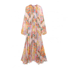 Retro Boho Style O Neck Elegant Long Sleeves Printed Drawstring Loose Midi Dress Summer Long Sleeve Midi Dresses for Women