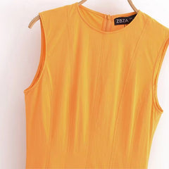 Wide Swing Midi O-Neck Dress Summer Slim High Street Casual Style Sleeveless Skirt Pleated Style Knee-Length Dress