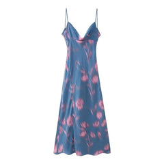 Draped Collar Printed Long Dress Women Summer Sexy Backless Midi Dress Spaghetti Strap Sheath Chiffon Slim Casual Dress