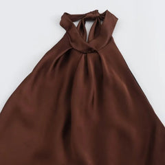Backless Midi Dress Women Summer with Hanging Neck Style Silk Texture Sleeveless Party Sexy Brown Long Dresses