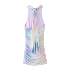 Printed Silk Mesh Short Dress for Women Summer with Slim Tie Dye Sleeveless Side Zipper Casual Sheath Pleated Midi Dress