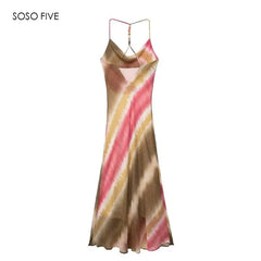 Women Tie Dye Vintage Camisole Long Dress New Summer Beaded Backless Sexy Beach Midi Dress Fashion Style New Holiday