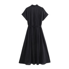 Women Shirt Style Dress with Belt Single Row Hidden Buckle Short Sleeved Pleated Monochromatic Midi Long Dress New Summer