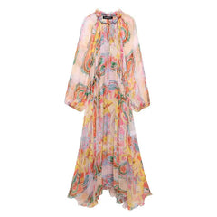 Retro Boho Style O Neck Elegant Long Sleeves Printed Drawstring Loose Midi Dress Summer Long Sleeve Midi Dresses for Women