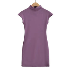 Mini Dresses for Women 2024 Summer Knitted Dress Sexy Vintage Clothes Black Dresses Short Sleeve Turtleneck Pink Dress Bodycon
