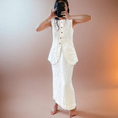 Women Vintage Buttons Vest Set Fashion Sleeveless Square Collar Waistcoat Blouse White High Waisted Skirt Commuting Work Clothes
