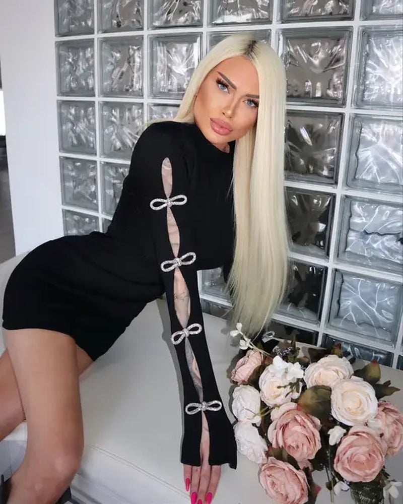 2023 New Arrival Black Color Women Long Sleeve High Neck Sexy Hollow Out Backless Bandage Mini Bodycon Dress Evening Party Dress