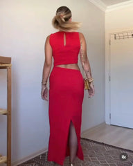 Women Party Red Hollow Out Sleeveless Midi Dress New Fashion Open Design Loose Buckle Midi Dress Lady Sexy Split Dress Elegant