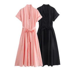 Women Shirt Style Dress with Belt Single Row Hidden Buckle Short Sleeved Pleated Monochromatic Midi Long Dress New Summer