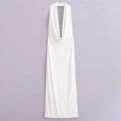 Sagging Fold Long Dress Women Summer with Sexy Backless Hanging Neck Style Dresses Solid Color Slim Midi Dresses