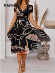 2022 Casual Short Sleeve Women Print Dress Spring Autumn V Neck Slim Streetwear Dress Lady Patchwork Vintage Party Dress Vestido