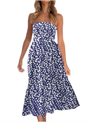 Summer Women Casual Dress Floral Printing Sleeveless Boho Dresses Ruffle Beach Maxi Tiered Midi Dress