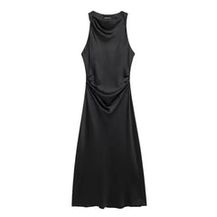 Slim Midi Dress for Women Summer with Casual Silk Texture Backless Long Dress Sleeveless Two Color Options Woman Dresses