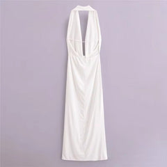 Sagging Fold Long Dress Women Summer with Sexy Backless Hanging Neck Style Solid Color Slim Midi Dresses