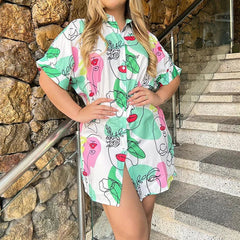 Women Summer Lapel Print Shirts Dress Female Patchwork Single Breasted Loose Dress Streetwear Party Club Button Dress Vestidos
