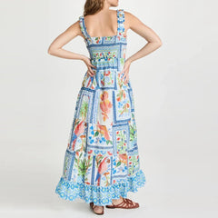 Women'S Long Tank Dress Vintage Tropical Print Shirred Square Neck Sleeveless Tiered Ruffled A-Line Dress for Party Club