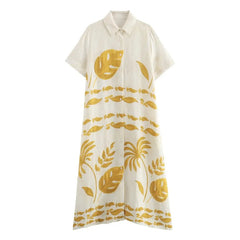 Summer Linen Print Shirt Dress Woman Casual Long Dresses for Women 2024 New Fashion Short Sleeved Midi Long Dress Elegant Party
