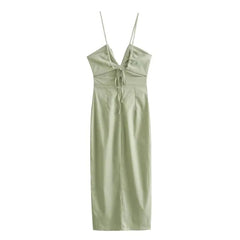 Backless Midi Dresses for Women Solid Color Spaghetti Strap Long Dresses Linen Slim Sexy Front Fork Party Dresses