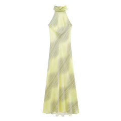 Long Satin Backless Dress for Women Summer Slim Casual Young Fashion Holiday Outdoors Style Backless Neck-Mounted Mid-Calf Dress