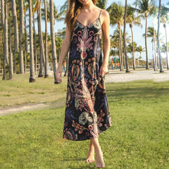 Women Slip Dress Y2K Vintage Sleeveless V-Neck Backless Printed Summer Long Dress Swing Sundress Holiday Beachwear