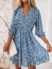 Autumn Casual Women V Neck Loose Dress Long Sleeve Butterfly Sleeve Print Dress Elegant Female Retro Floral Slim Fit Party Dress