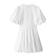 Embroidered Fluffy Short Dress for Women Summer V Neck Puff Sleeve Loose Midi Dress Casual Pleated Sexy Dresses