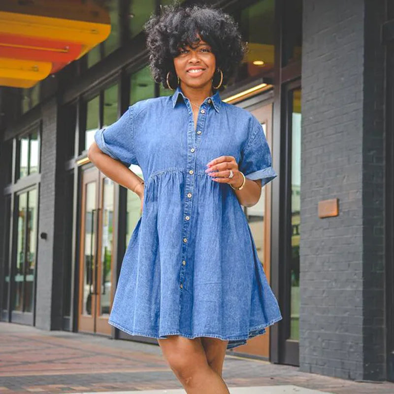 2023 Women A-Line Denim Dress Short Sleeve Single Breasted Summer Retro Casual Loose Splicing Denim Shirt Dresses