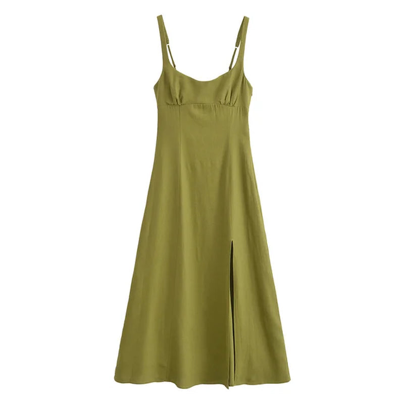 Linen Blended Suspender Dress for Women Summer New Style Front Slit Design Long Dress
