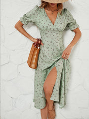New Women Elegant Breasted Long Maxi Dress Fashion Summer Holiday V-Neck Puff Sleeve Printed Dresses Lady Beach Vintage Dress