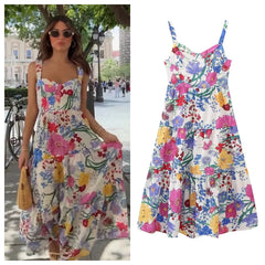 PB&ZA 2024 Women'S Summer New Fashion Simple Four Sided Spring Flower Print Waistless Sleeveless Hanging Strap Dress