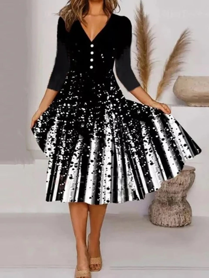 2022 Casual Short Sleeve Women Print Dress Spring Autumn V Neck Slim Streetwear Dress Lady Patchwork Vintage Party Dress Vestido