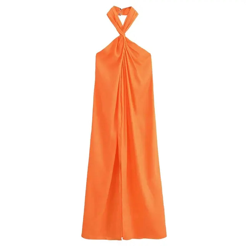 Women 2024 Spring and Summer New Fashion Silk Satin Texture Hanging Neck Collar Sleeveless Midi Backless Dress Vestidos Mujer