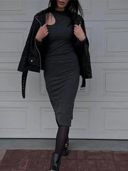 Sexy Cut Out Midi Dress for Women Elegant Fashion O-Neck Long Sleeve Bodycon Party Dresses Autumn Winter Solid Casual Dress 2024