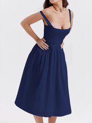 Summer Beach Robe Midi Dress Women Fashion U-Neck Strap Sexy Backless Slim Dresses Women Vintage Party Red Dress Elegant