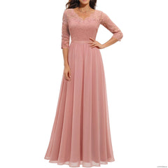 Women'S Elegant Vintage V Neck 3/4 Sleeve Floral Lace Chiffon Wedding Bridesmaid Maxi Dress Long Formal Dresses