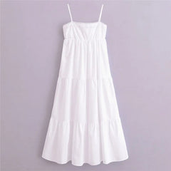 Backless European American Fashion Style Layered Patchwork Poplin Midi Dress with Sexy Sleeveless Party Long Dresses
