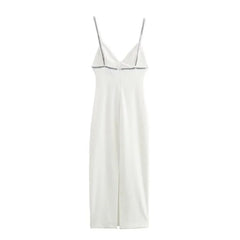 TRAF Women Jewelry Studded MIDI Dress Summer Slim Backless Back Zipper Straight Neckline Thin Straps Sexy Long Dresses