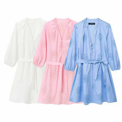 Embroidery Short Dress for Women Summer Rubberised Casual Poplin Short Sleeved Sashes Button Dresses Blue Midi Dress