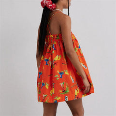 Women'S Mini Lounge Dress Loose Fashion Print Square Neck Open Back Cross Spaghetti Strap Dress for Summer Vintage