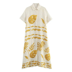 Summer Linen Print Shirt Dress Woman Casual Long Dresses for Women 2024 New Fashion Short Sleeved Midi Long Dress Elegant Party