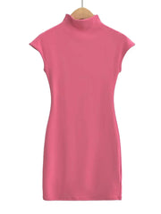 Mini Dresses for Women 2024 Summer Knitted Dress Sexy Vintage Clothes Black Dresses Short Sleeve Turtleneck Pink Dress Bodycon