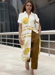 Summer Linen Print Shirt Dress Woman Casual Long Dresses for Women 2024 New Fashion Short Sleeved Midi Long Dress Elegant Party