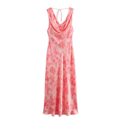 Satin Tie Dye Printed Dress for Women Summer Sleeveless Midi Dress with Thin Knotted Straps on the Back Silk Texture Long Dress