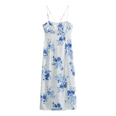 Holiday Blue Floral Print Corset Dress New Summer Sexy Hollow Out Midi Underwear Dress Woman Sleeveless Backless Party Dresses