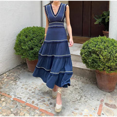 Fashion V Neck Sleeveless High Waist Dress Women Vintage Fringes Spliced Midi Ruffles Dress 2024 Summer Lady Party Vestidos