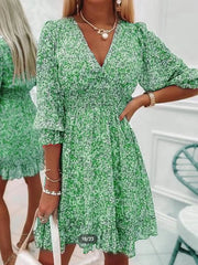 Autumn Casual Women V Neck Loose Dress Long Sleeve Butterfly Sleeve Print Dress Elegant Female Retro Floral Slim Fit Party Dress