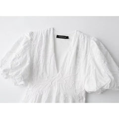 Embroidered Fluffy Short Dress for Women Summer V Neck Puff Sleeve Loose Midi Dress Casual Pleated Sexy Dresses